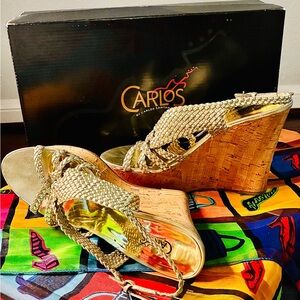 EXTREMELY CLEAN Carlos by Carlos Santana Metallic Gold Wedge Sandals size 7 ½.